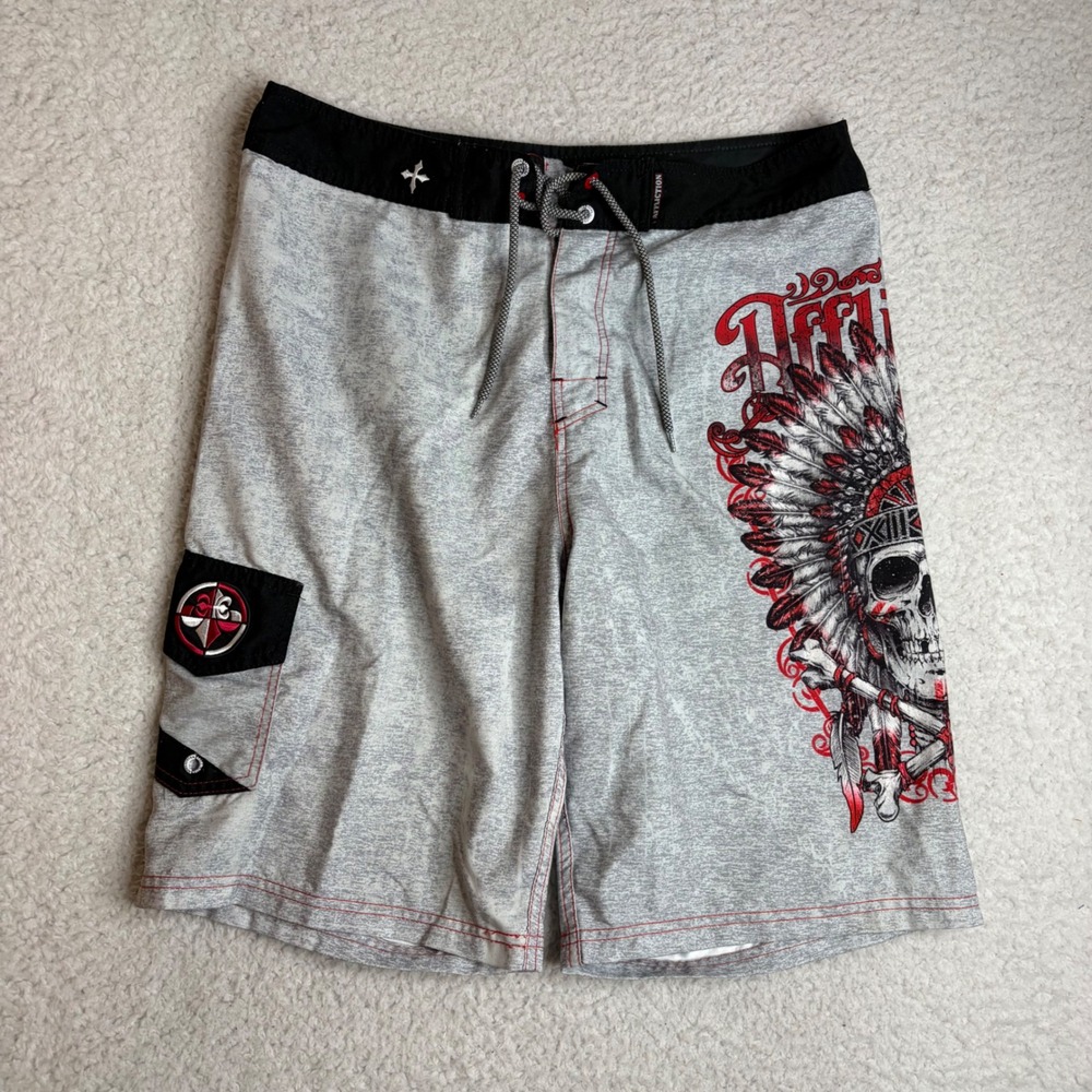 Affliction Mens Board Shorts Grey Skull Headdress MMA Y2K Swim Trunks Size 34